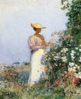 Dame en jardin fleuri