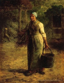 Femme portant du bois de chauffage et un seau