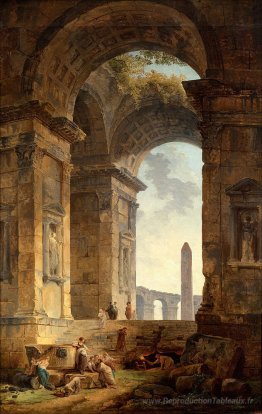 Ruines avec un obélisque au loin