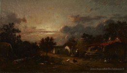 Scène du village, coucher du soleil