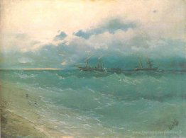Les navires sur la mer rugueux, lever du soleil