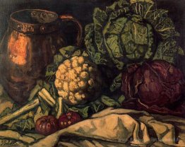 Nature morte avec chou rouge, cuivre, chou-fleur et chou