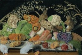 Nature morte avec des légumes, des souris et des lapins
