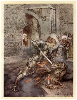 Lancelot se bat contre un dragon au château de Corbin