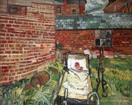 Bébé dans un landau dans un jardin