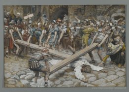 Simon le Cyrénien a obligé de porter la croix avec Jésus (Simon