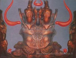 Chérubin en face avec des cornes de flammes de couleur orange