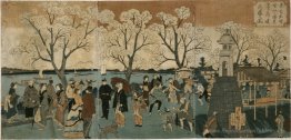 Impression de triptyque japonaise montrant des japonais et des é