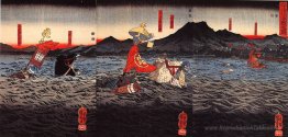 Kagesue, Takatsuna et Shigetada traversant la rivière Uji