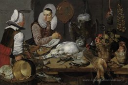 Un intérieur de cuisine avec une femme de chambre et une dame pr
