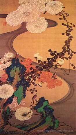Chrysanthemums par un ruisseau, avec des rochers