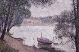 Paysage fluvial avec un bateau