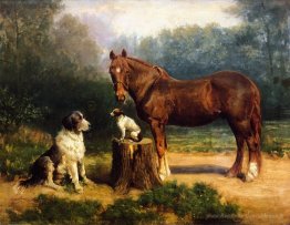 Cheval et deux chiens dans un paysage