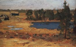 Lac. Granges au bord de la forêt.