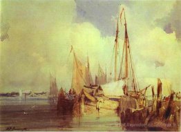 Scène de la rivière française avec des bateaux de pêche
