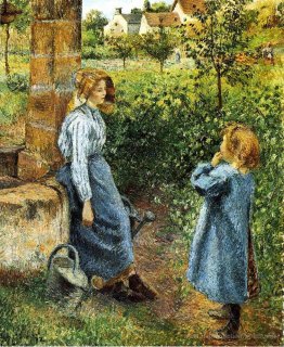Jeune femme et enfant au puits