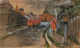 Strelets patrouille à Ilyinskie Gates dans le vieux Moscou