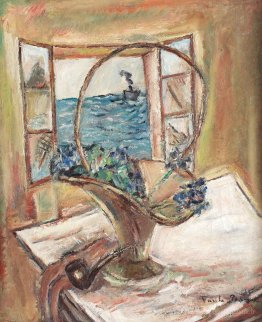 Nature morte avec pipe et panier plein de violettes