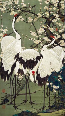 Blossoms et grues de prune