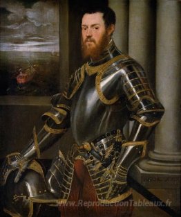 Jeune homme dans un costume d'armure décoré en or