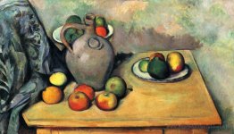 Nature morte, cruche et fruits sur une table
