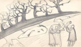 Esquisse avec des arbres et des gens avec des bougnes