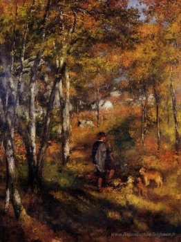 Le peintre Jules Le Coeur promenant ses chiens dans la forêt de