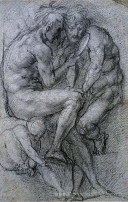 Deux personnages masculins regardant dans un miroir et un putto.