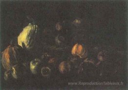 Nature morte avec un panier de pommes et deux citrouilles