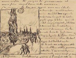 Route avec des hommes marchant, voiture, cyprès, étoile et crois