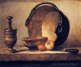 Nature morte avec pilon, bol, chaudron de cuivre, oignons et cou