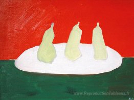 Nature morte, poires, fond vert et orange