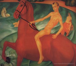 Baignade d'un cheval rouge