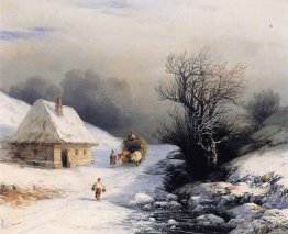 Petite chariot de bœuf russe en hiver