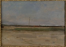 Paysage Polder avec un train et un petit moulin à vent à l'horiz