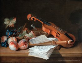 Nature morte avec un violon, un enregistreur, des livres, un por