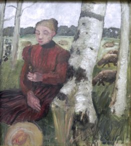 Filles au bouleau et troupeau de moutons en arrière-plan