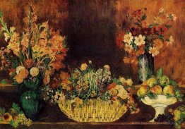 Vase, panier de fleurs et de fruits