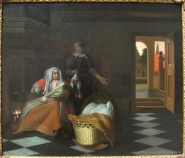 Femme avec un enfant et une femme de chambre dans un intérieur