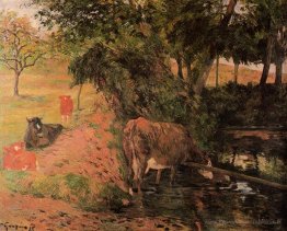 Paysage avec des vaches dans un verger