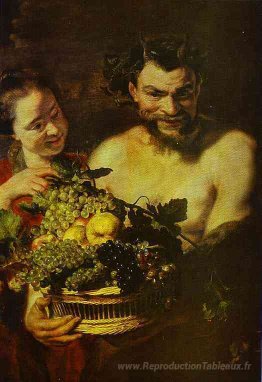 Satyre et fille avec un panier de fruits