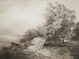 Vieux chêne à la falaise au-dessus de la rivière