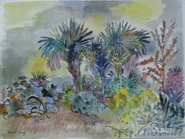 Palmiers, ciel gris et jaune