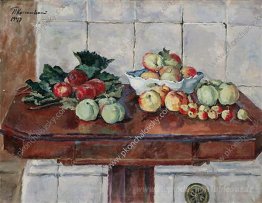 Nature morte. Pommes sur une table près du poêle.