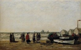Femmes sur la plage, mers agitées