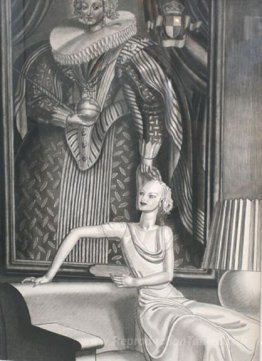 Femme assise devant le portrait