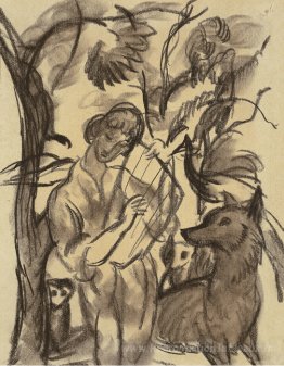 Femme avec lyre et chien