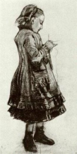 Fille debout, tricoter