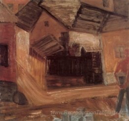 Maisons avec l'homme transportant de la pierre