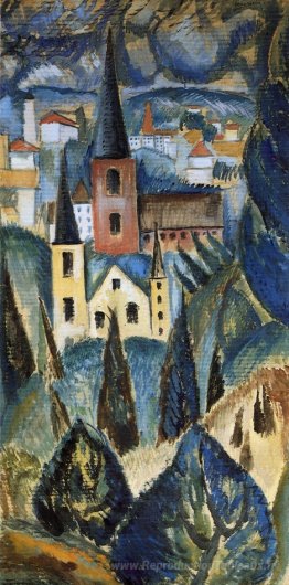 Paysage avec des flèches d'église et des arbres